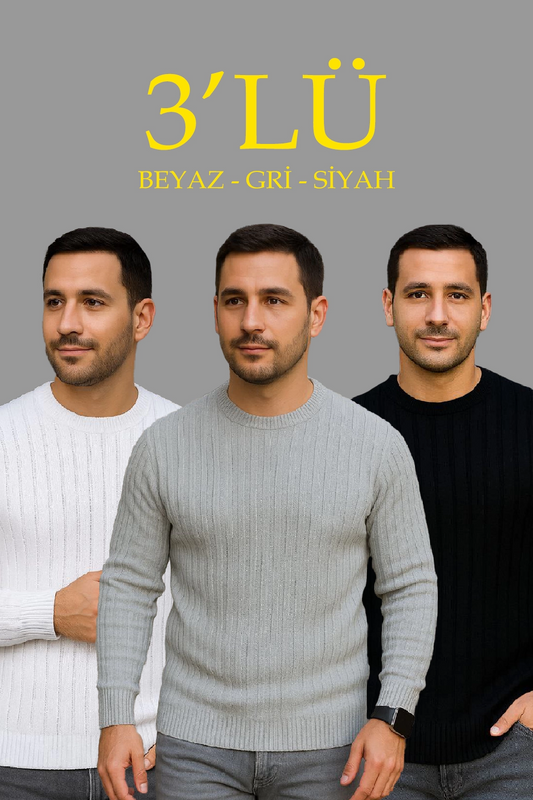 ASSEMA Erkek Fitilli Triko Kazak 3'lü Set Beyaz Gri Siyah Regular Fit Bisiklet Yaka Triko Seti