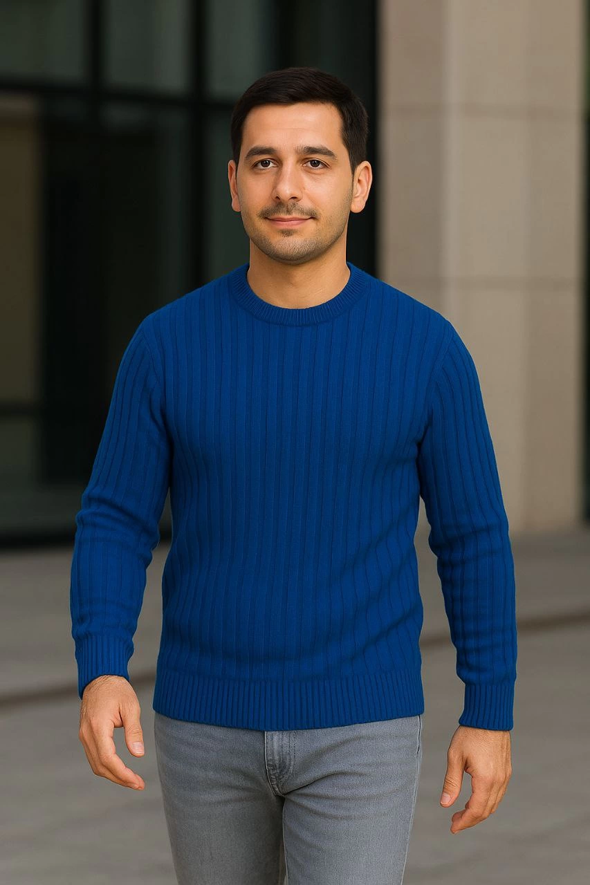 Erkek Fitilli Triko Bisiklet Yaka Kalın Kazak 3'lü Set Beyaz-Saks Mavisi-Siyah