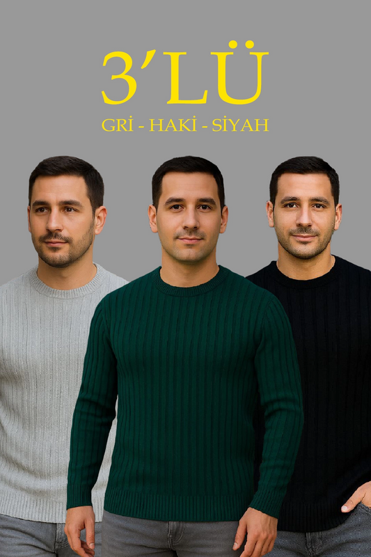 ASSEMA Erkek Fitilli Triko Kazak 3'lü Set Gri Haki Siyah Regular Fit Bisiklet Yaka Triko Seti Modeli Kazak