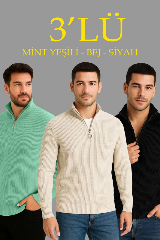 ASSEMA Erkek Fitilli Triko Kazak 3 lü Set Mint Yeşili Siyah Bej Kalın Dokuma Pamuklu Regular Fit