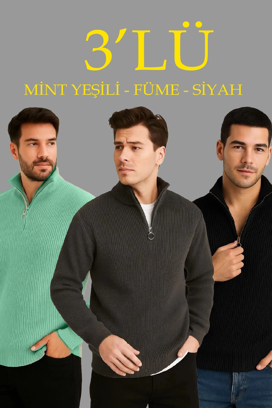 ASSEMA Erkek Fitilli Triko Kazak 3’lü Set – Mint Yeşili, Siyah, Füme Kalın Dokuma Pamuklu Regular Fit V Yaka Fermuarlı Uzun Kollu Rahat Kışlık Kazak Kombini
