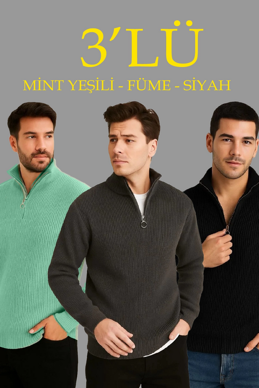 ASSEMA Erkek Fitilli Triko Kazak 3’lü Set – Mint Yeşili, Siyah, Füme Kalın Dokuma Pamuklu Regular Fit V Yaka Fermuarlı Uzun Kollu Rahat Kışlık Kazak Kombini
