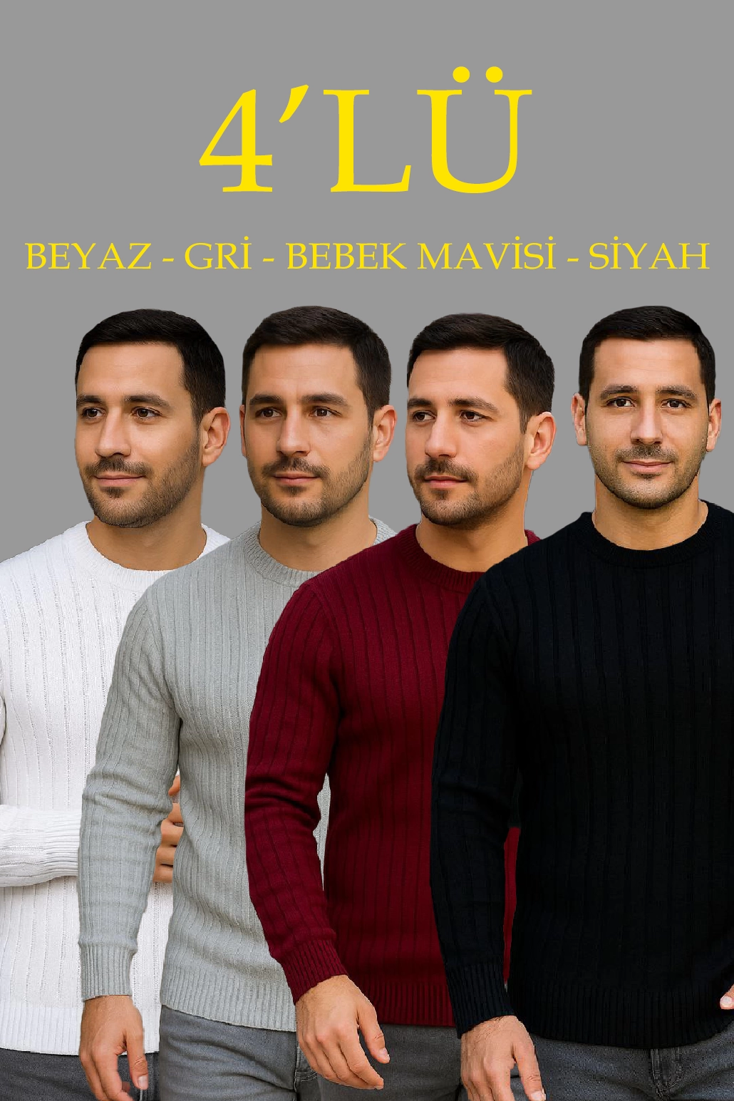 ASSEMA Erkek Fitilli Triko Kazak 4 lü Set Beyaz Bordo Gri Siyah Regular Fit Bisiklet Yaka Kazak Triko Kombini