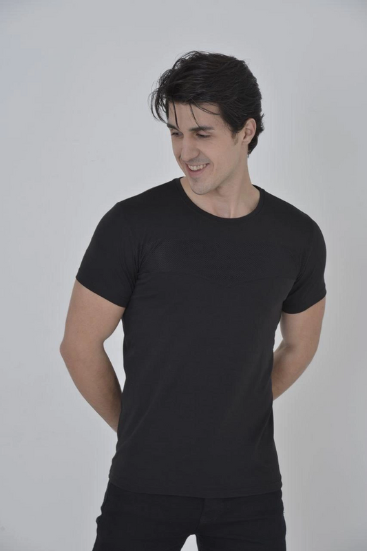 ASSEMA Erkek Gögüs Fileli T-Shirt Kısa Kol Bisiklet Yaka Slimfit Tişört  - Siyah