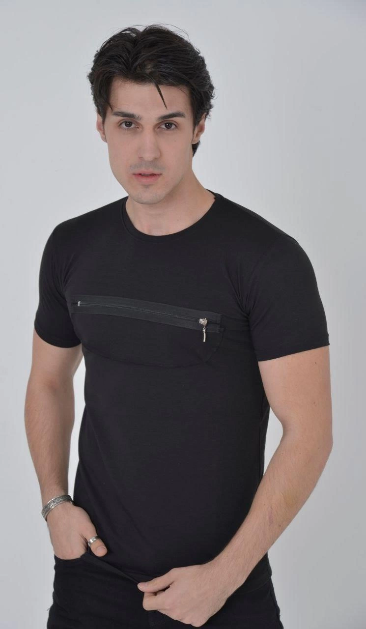 ASSEMA Erkek Gögüs Fermuarlı T-Shirt Kısa Kol Bisiklet Yaka Slimfit Tişört - Siyah