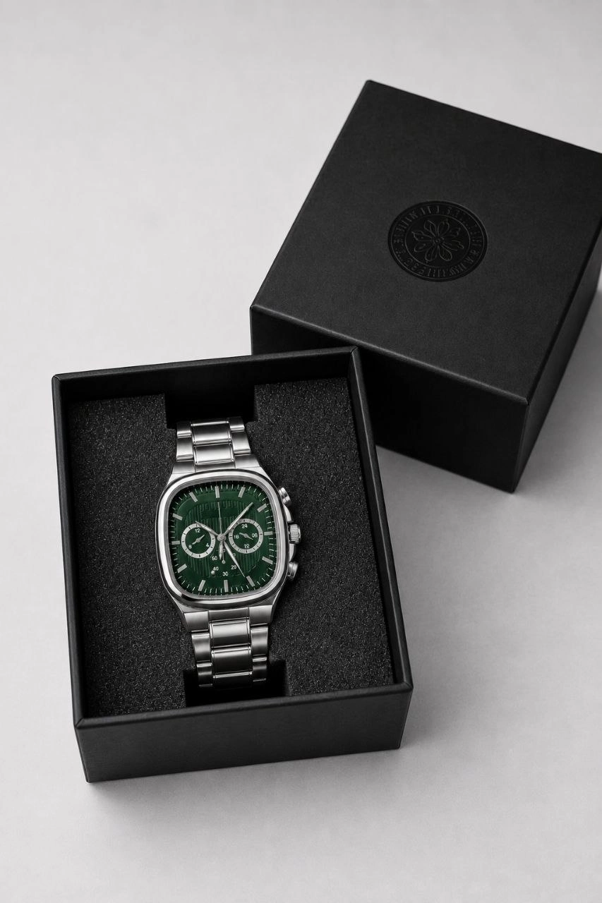 Erkek Gümüş Metal Kordon Analog Kol Saati Yeşil Kadran Takvim Göstergeli - Gümüş