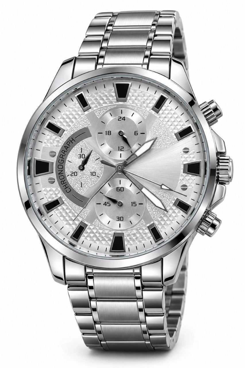 Erkek Gümüş Renk Metal Kordon Analog Kol Saati 24 Saat Takvim Göstergeli Gri Kadran - Gümüş