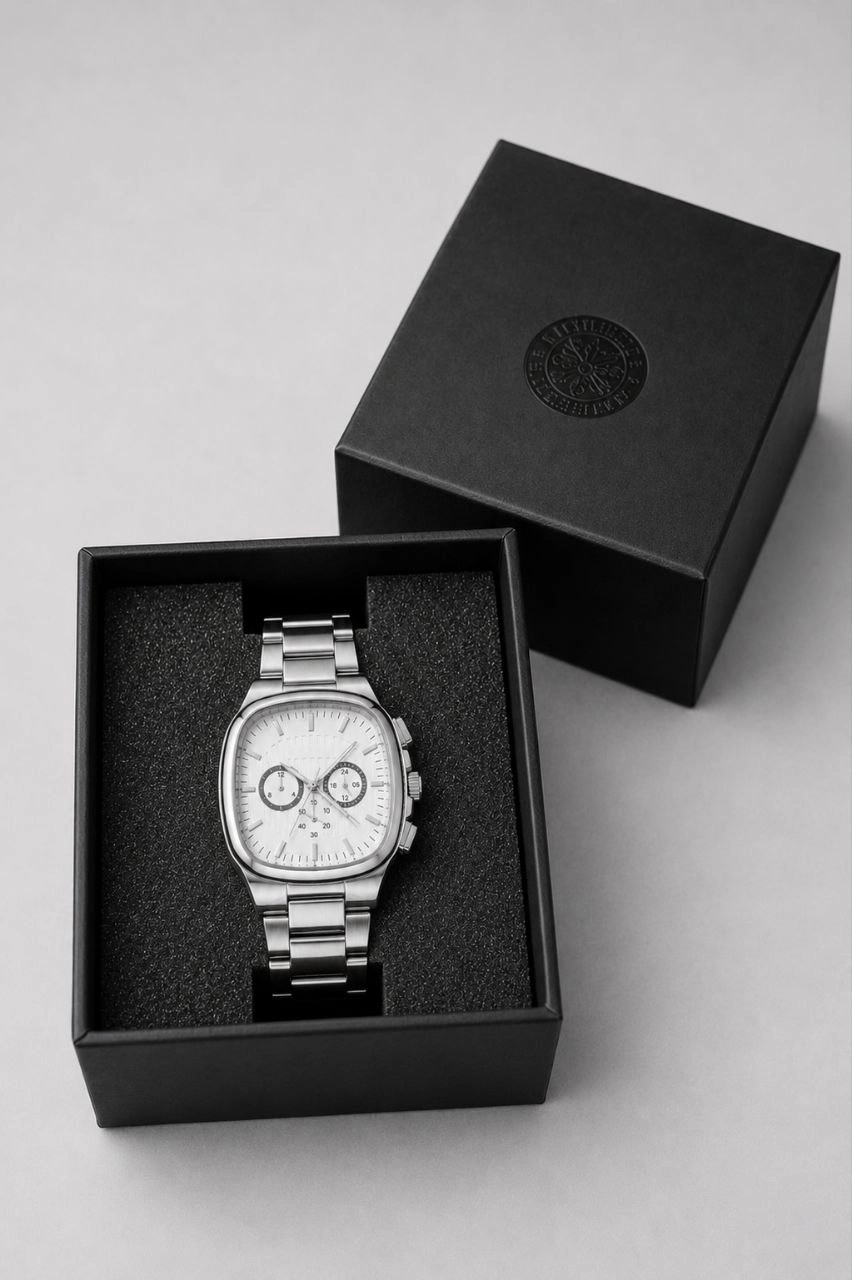 Erkek Gümüş Renk Metal Kordon Analog Kol Saati Çok Fonksiyonlu Beyaz Kadran - Gümüş