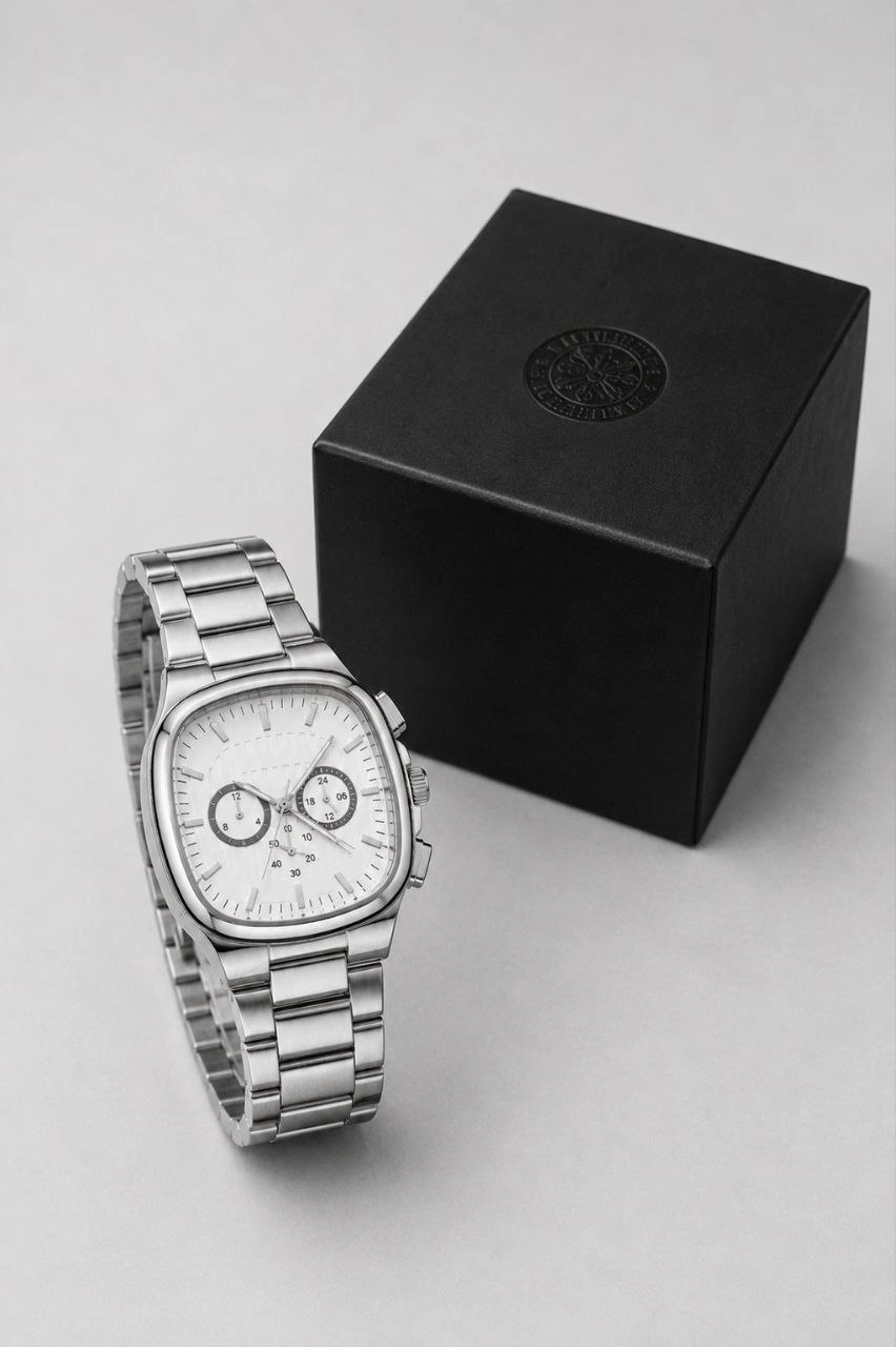 Erkek Gümüş Renk Metal Kordon Analog Kol Saati Çok Fonksiyonlu Beyaz Kadran - Gümüş
