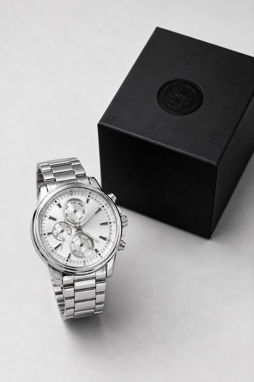 Erkek Gümüş Renk Metal Kordon Analog Kol Saati Takvim Göstergeli Beyaz Kadran - Gümüş