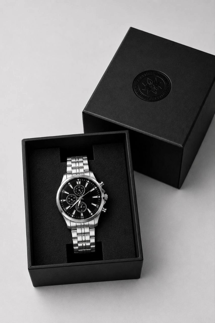 Erkek Gümüş Renk Metal Kordon Analog Kol Saati Takvim Göstergeli Siyah Kadran - Gümüş