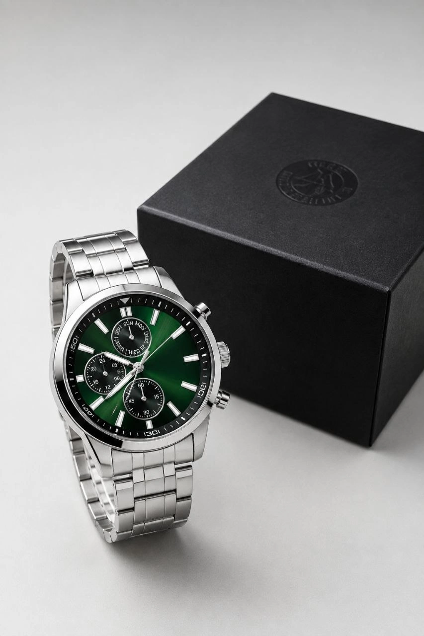Erkek Gümüş Renk Metal Kordon Analog Kol Saati Takvim Göstergeli Yeşil Siyah Kadran - Gümüş