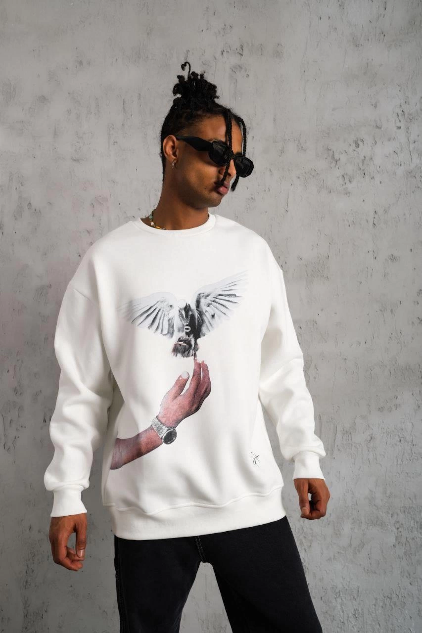 ASSEMA Erkek Güvercin Baskılı  üç iplik pamuklu Sweatshirt - Beyaz