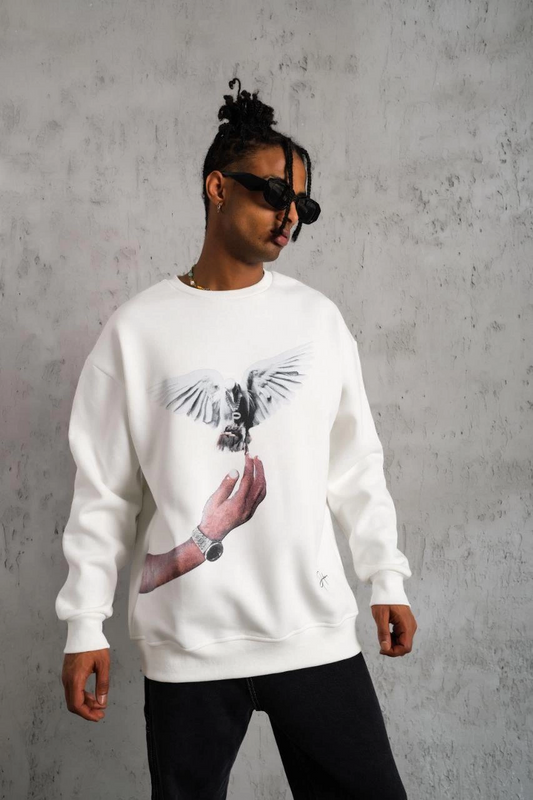 ASSEMA Erkek Güvercin Baskılı  üç iplik pamuklu Sweatshirt - Beyaz