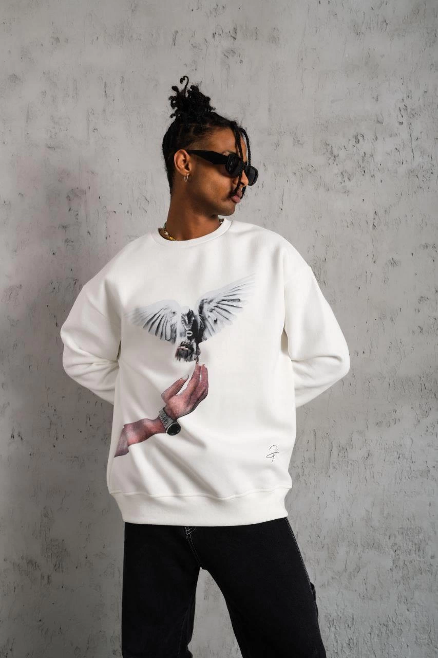 ASSEMA Erkek Güvercin Baskılı  üç iplik pamuklu Sweatshirt - Beyaz