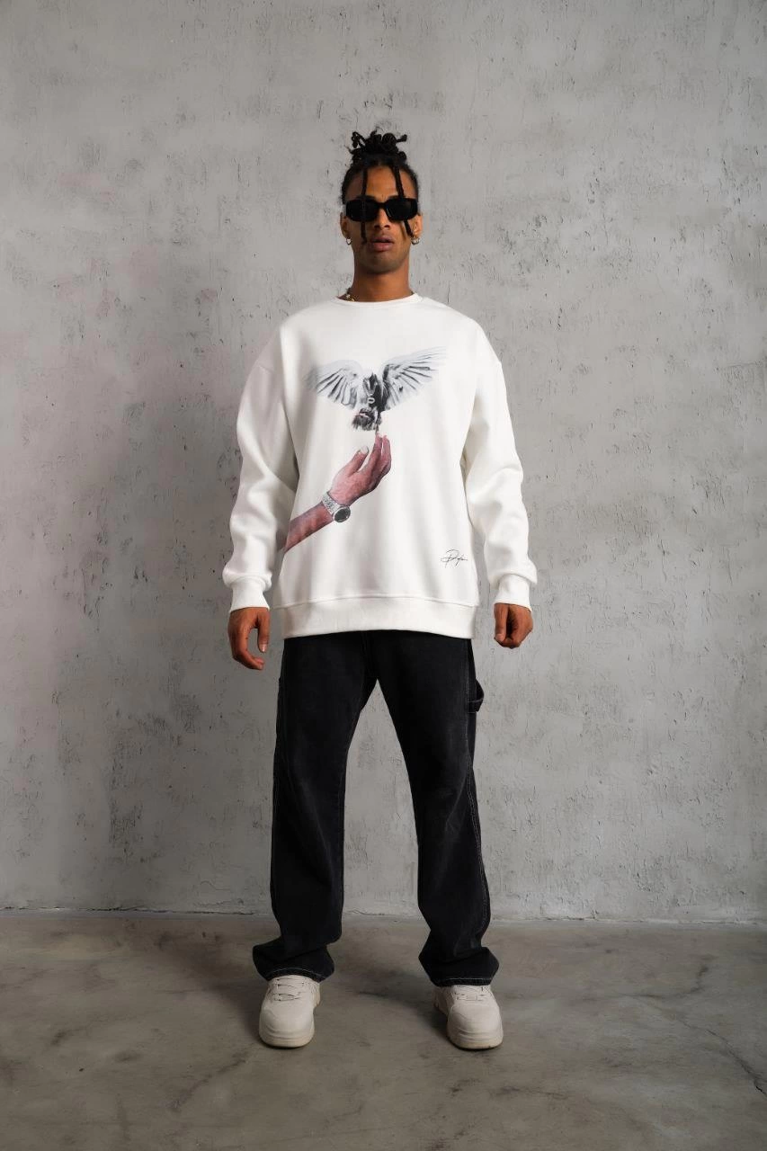 ASSEMA Erkek Güvercin Baskılı  üç iplik pamuklu Sweatshirt - Beyaz