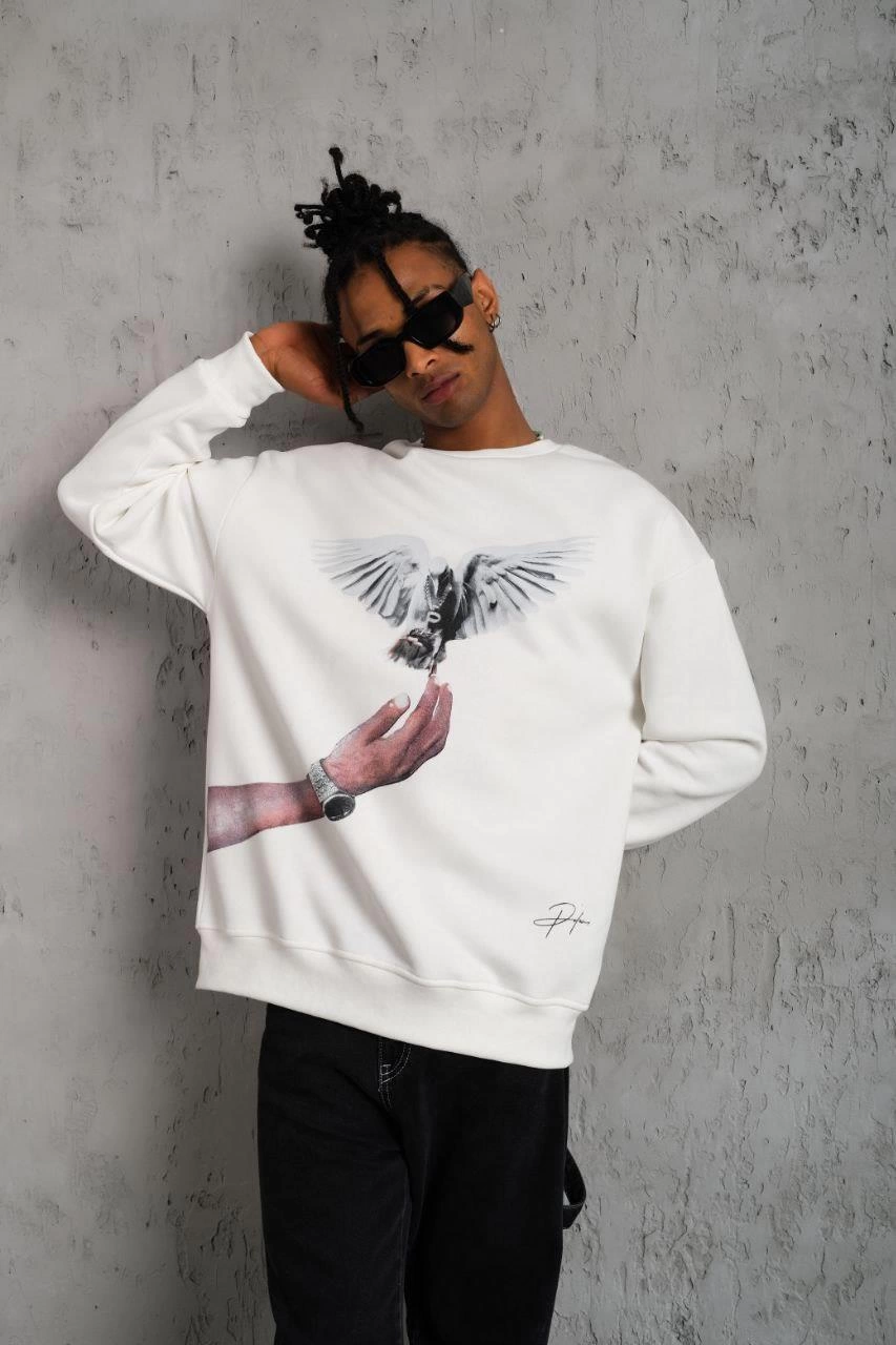 ASSEMA Erkek Güvercin Baskılı  üç iplik pamuklu Sweatshirt - Beyaz