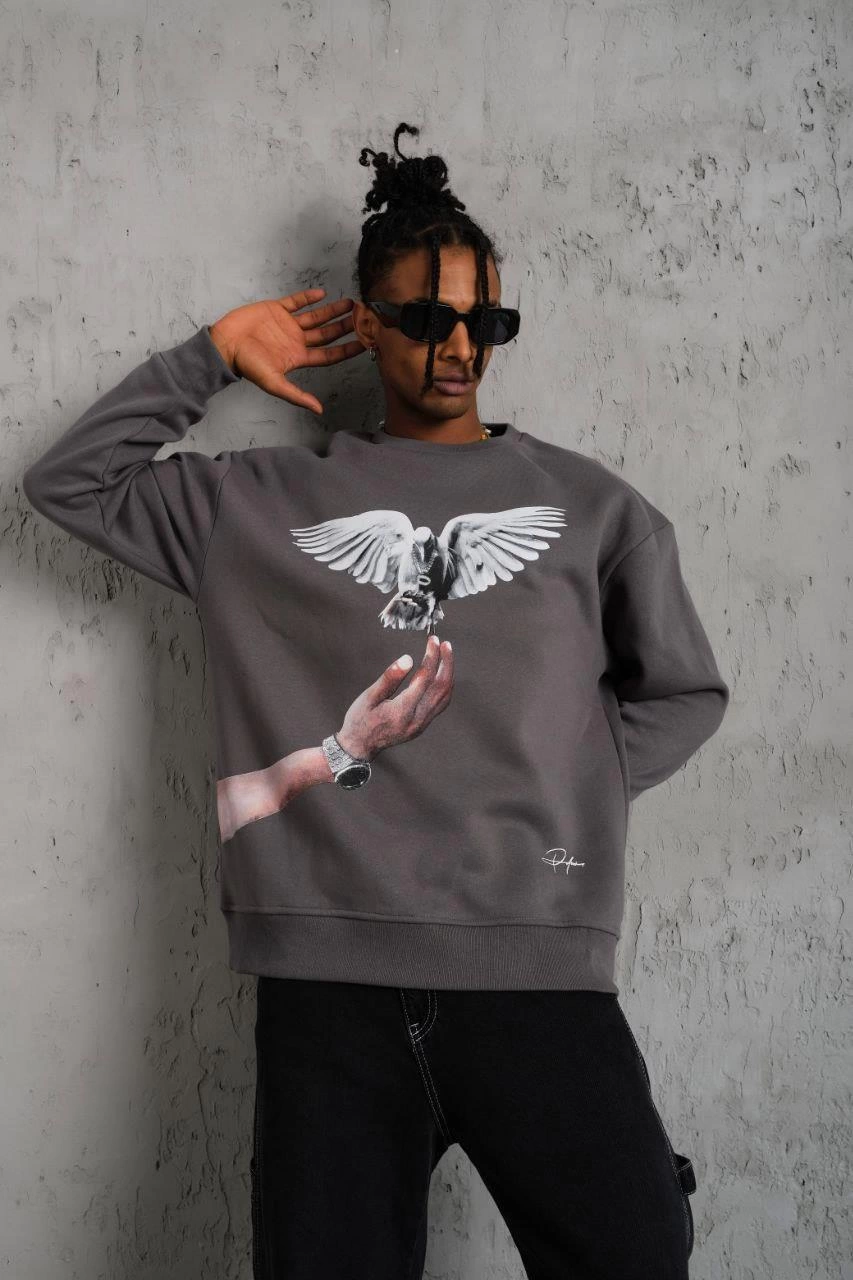 ASSEMA Erkek Güvercin Baskılı üç iplik pamuklu  Sweatshirt - Gri