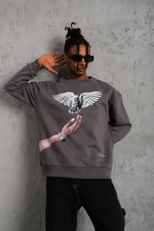 ASSEMA Erkek Güvercin Baskılı üç iplik pamuklu  Sweatshirt - Gri