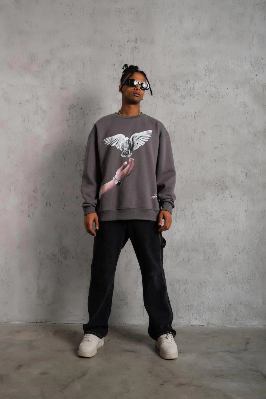 ASSEMA Erkek Güvercin Baskılı üç iplik pamuklu  Sweatshirt - Gri