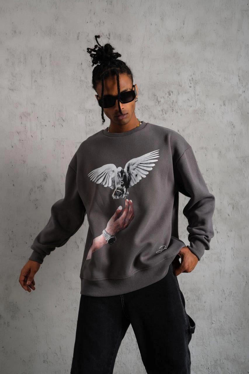 ASSEMA Erkek Güvercin Baskılı üç iplik pamuklu  Sweatshirt - Gri