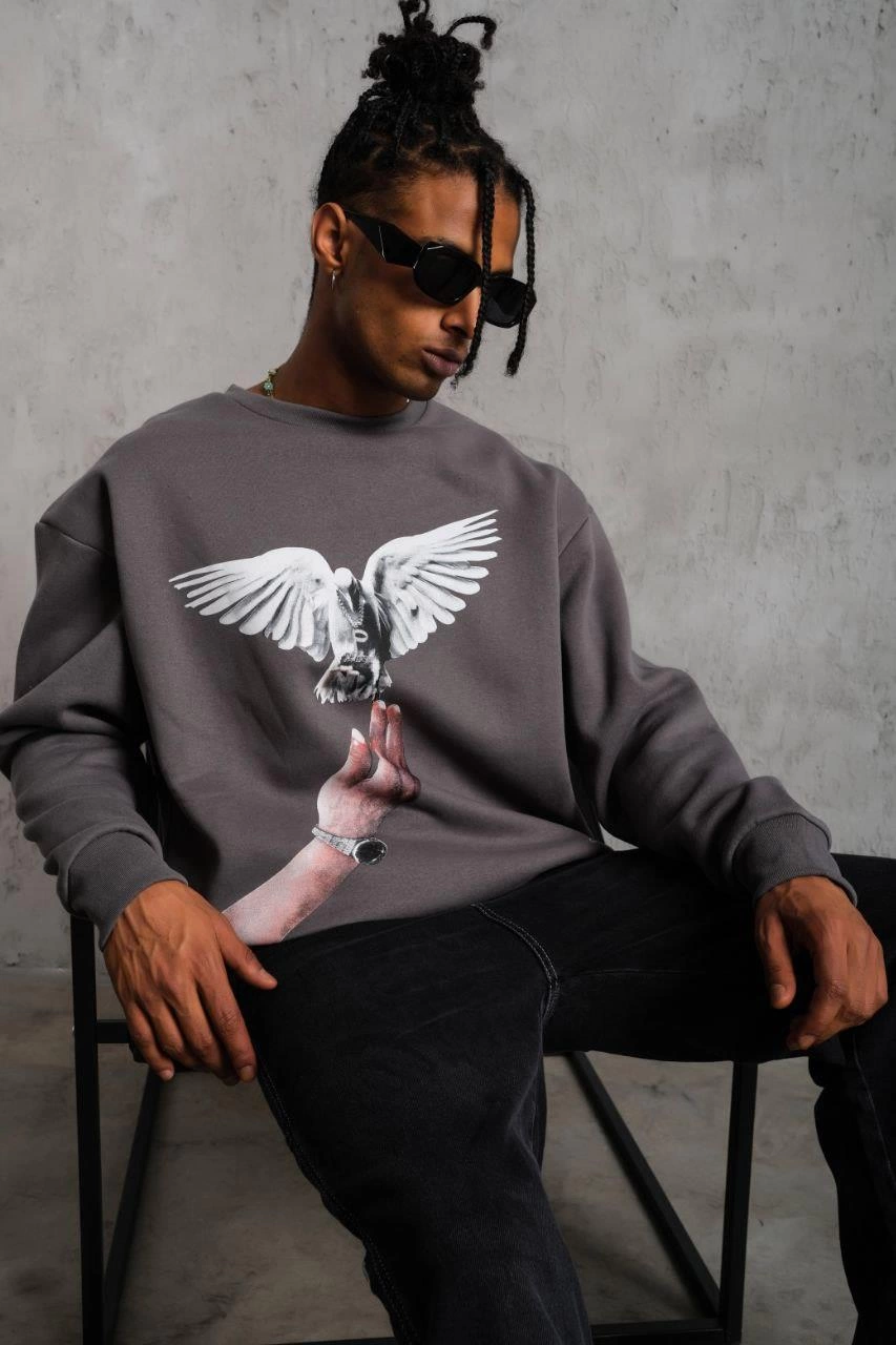 ASSEMA Erkek Güvercin Baskılı üç iplik pamuklu  Sweatshirt - Gri