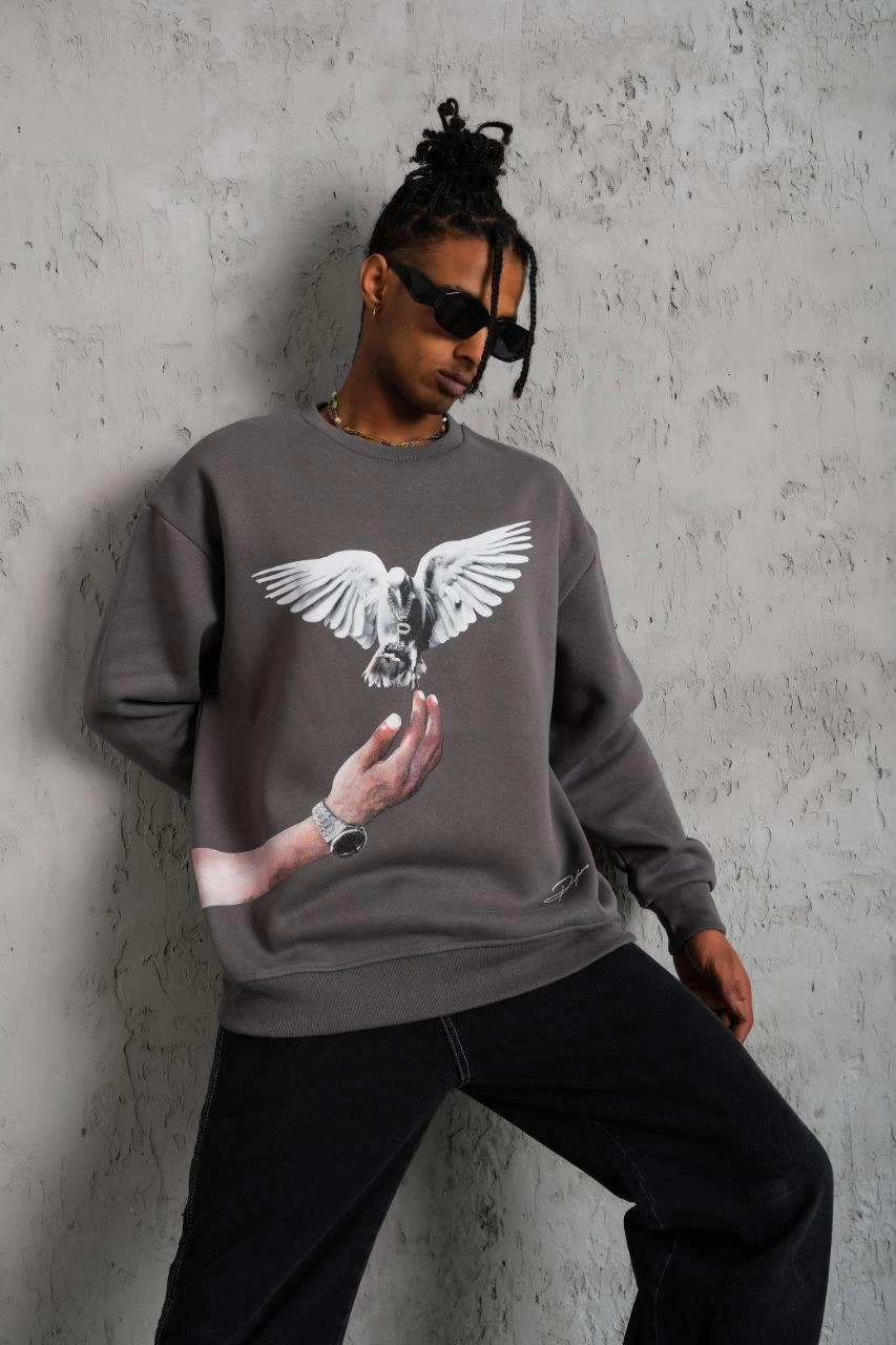 ASSEMA Erkek Güvercin Baskılı üç iplik pamuklu  Sweatshirt - Gri