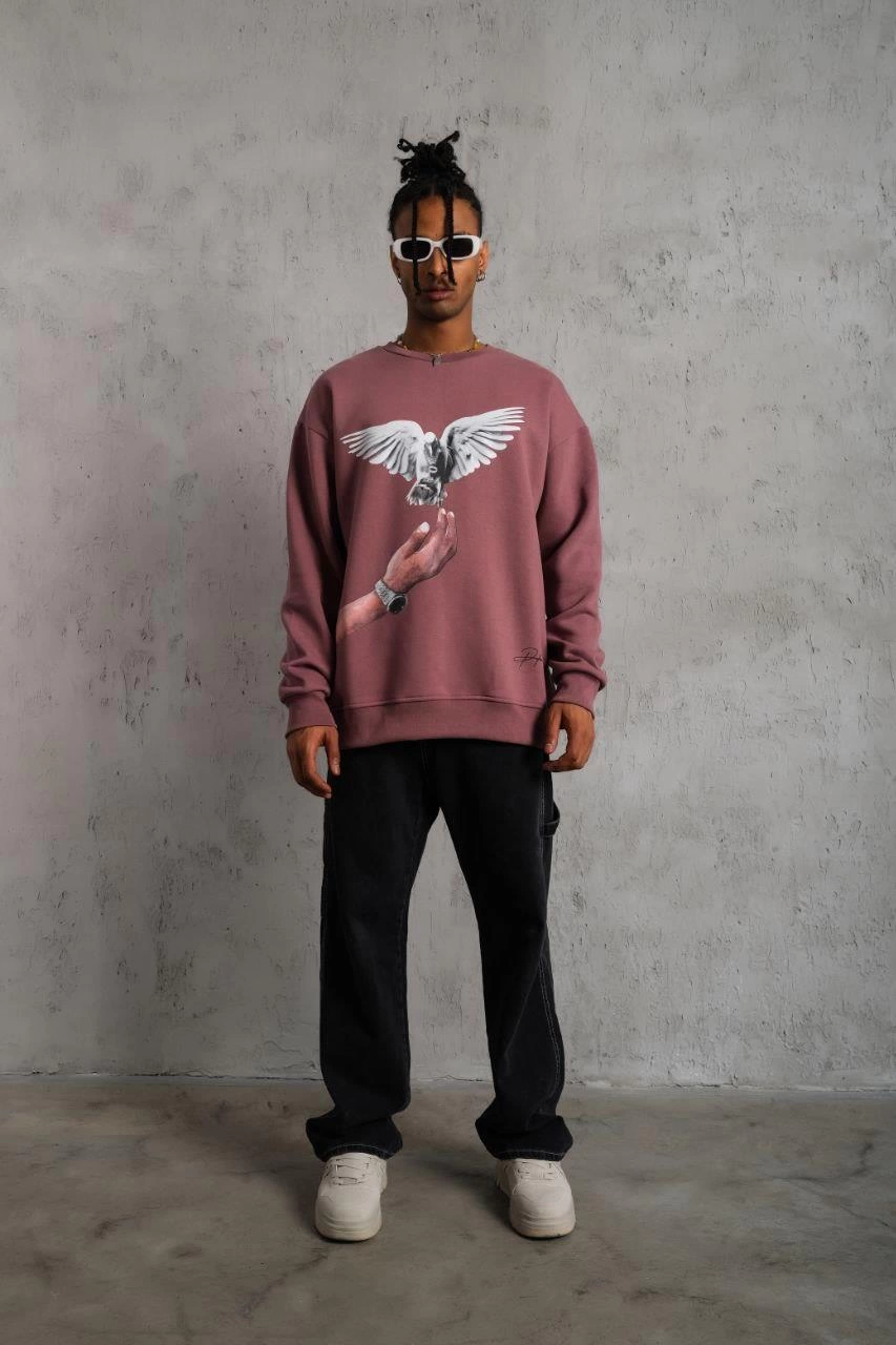 ASSEMA Erkek Güvercin Baskılı Sweatshirt üç iplik pamuklu  - Gül Kurusu