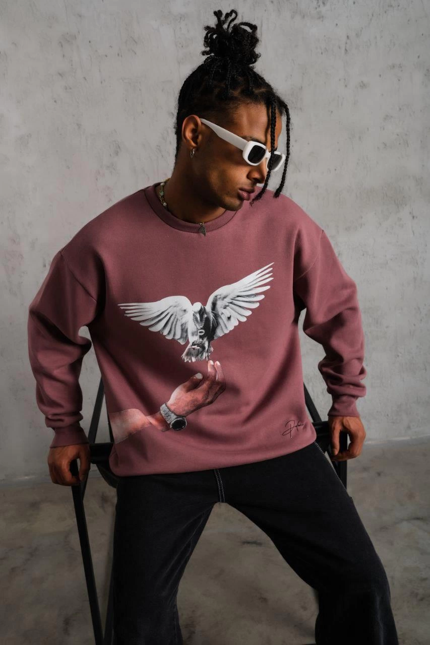 ASSEMA Erkek Güvercin Baskılı Sweatshirt üç iplik pamuklu  - Gül Kurusu