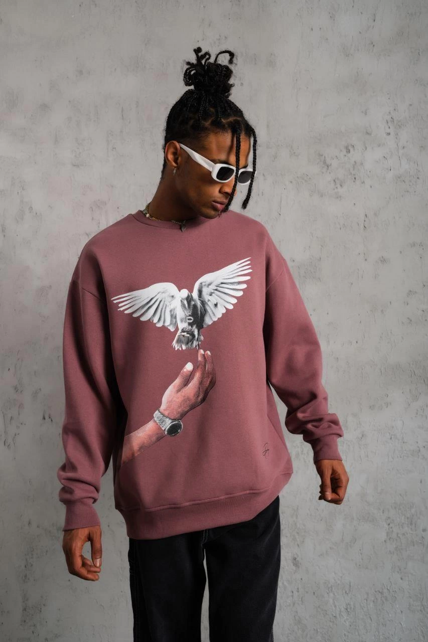 ASSEMA Erkek Güvercin Baskılı Sweatshirt üç iplik pamuklu  - Gül Kurusu