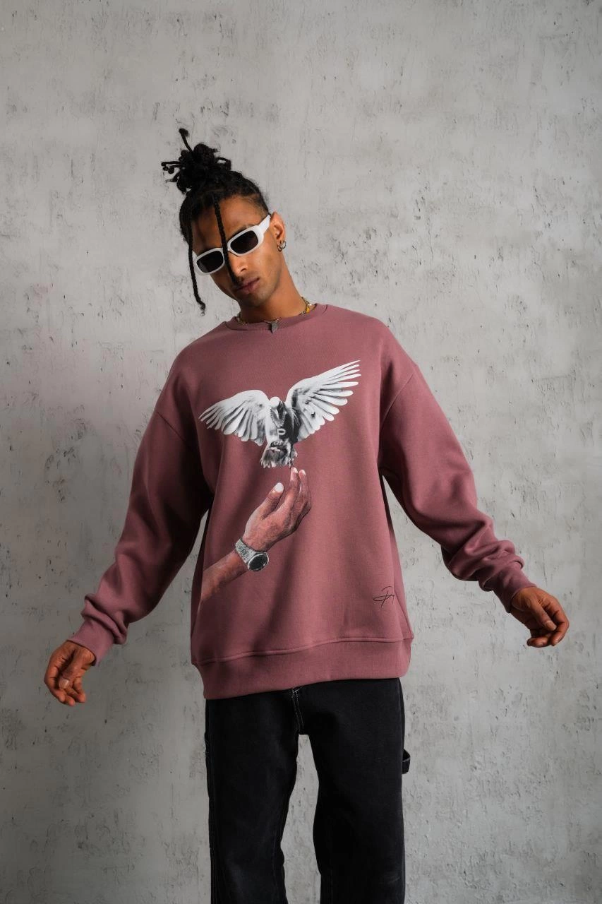 ASSEMA Erkek Güvercin Baskılı Sweatshirt üç iplik pamuklu  - Gül Kurusu