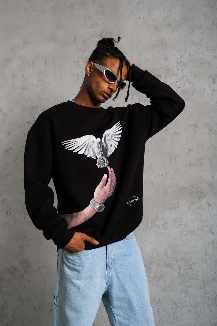 ASSEMA Erkek Güvercin Baskılı üç iplik pamuklu Sweatshirt - Siyah