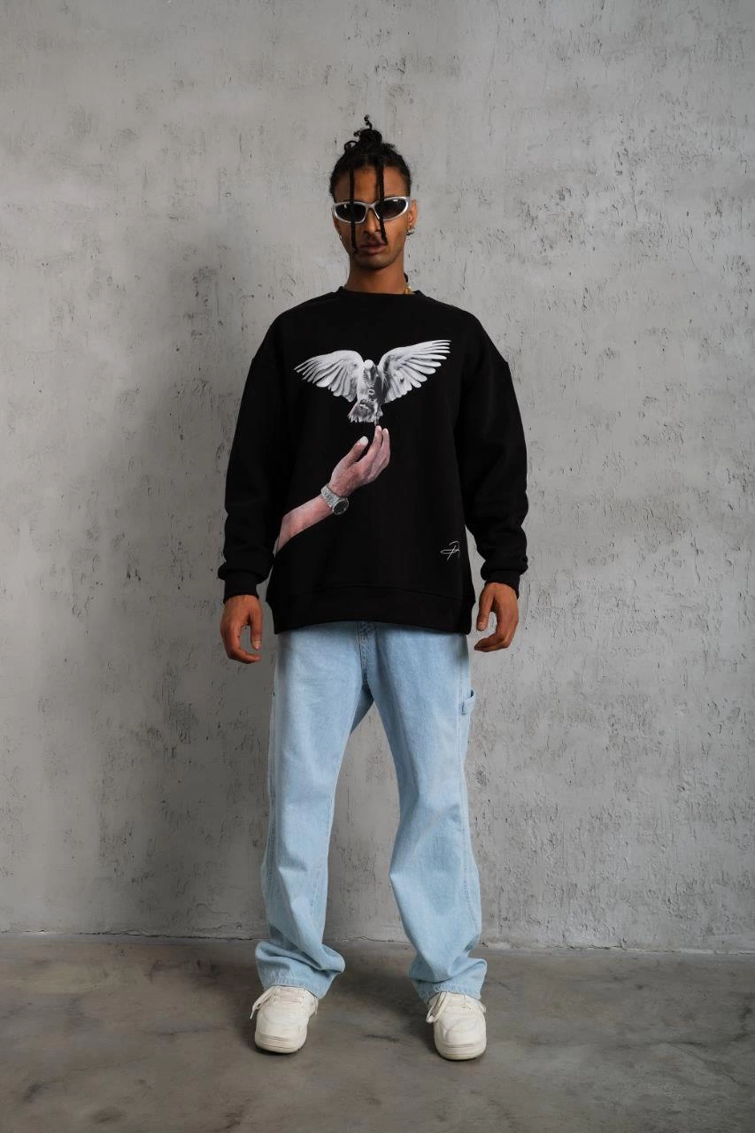 ASSEMA Erkek Güvercin Baskılı üç iplik pamuklu Sweatshirt - Siyah