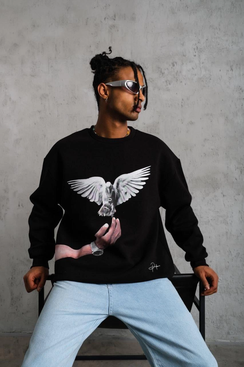 ASSEMA Erkek Güvercin Baskılı üç iplik pamuklu Sweatshirt - Siyah