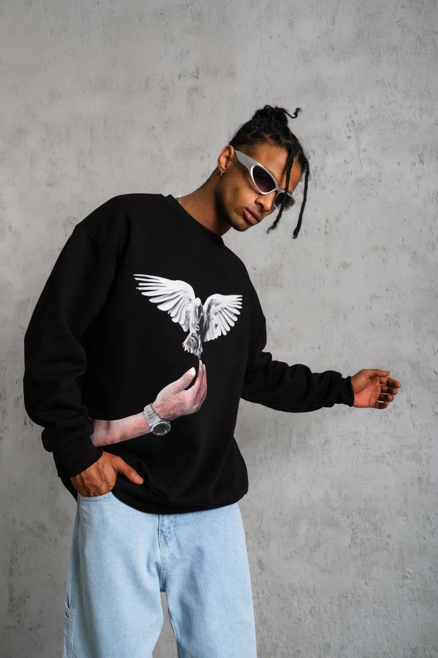ASSEMA Erkek Güvercin Baskılı üç iplik pamuklu Sweatshirt - Siyah