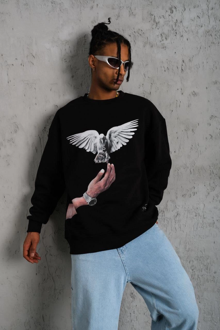 ASSEMA Erkek Güvercin Baskılı üç iplik pamuklu Sweatshirt - Siyah
