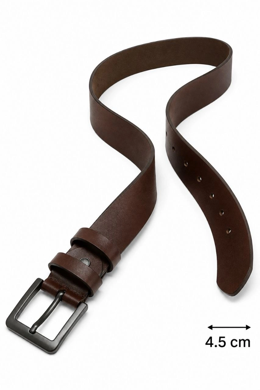 Erkek Hakiki Deri 4.5 cm Kot ve Kumaş Pantolon Kemeri Metal Tokalı Kahverengi