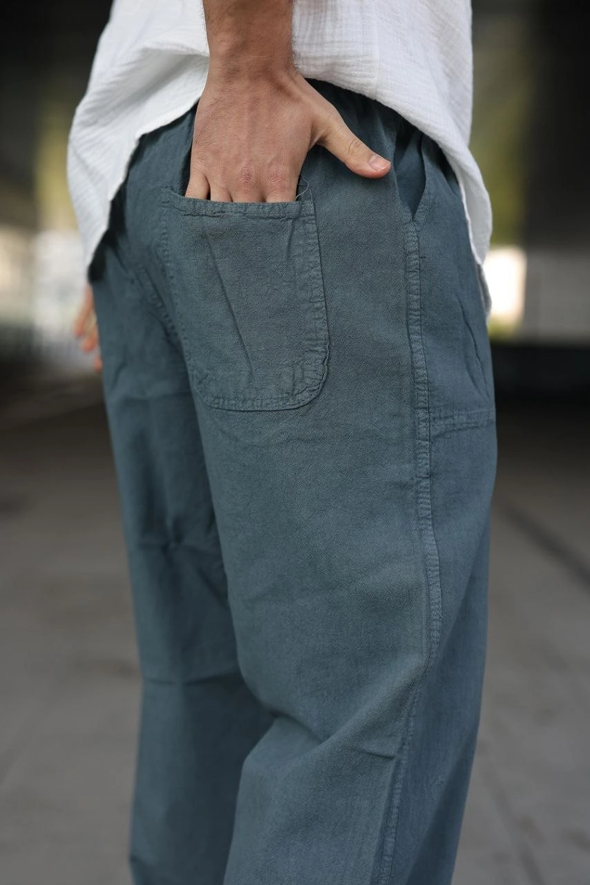 Erkek Ham Keten Beli Lastikli Cepli Regular Fit Boru Paça Pantolon - İndigo