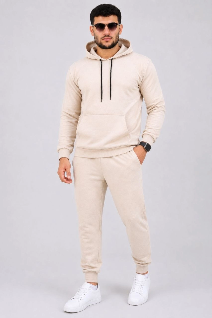 Erkek İki İplik Kapüşonlu Kanguru Cepli Sweatshirt Jogger Pantolon Alt Üst Eşofman Takımı -Bej