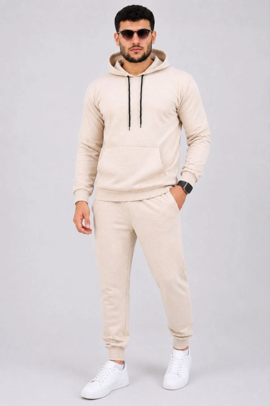 Erkek İki İplik Kapüşonlu Kanguru Cepli Sweatshirt Jogger Pantolon Alt Üst Eşofman Takımı -Bej