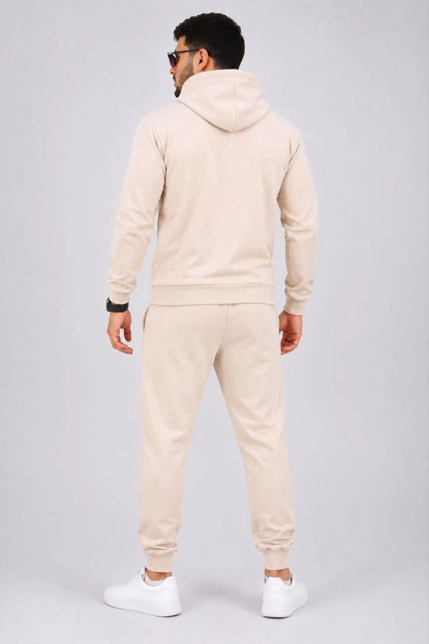 Erkek İki İplik Kapüşonlu Kanguru Cepli Sweatshirt Jogger Pantolon Alt Üst Eşofman Takımı -Bej