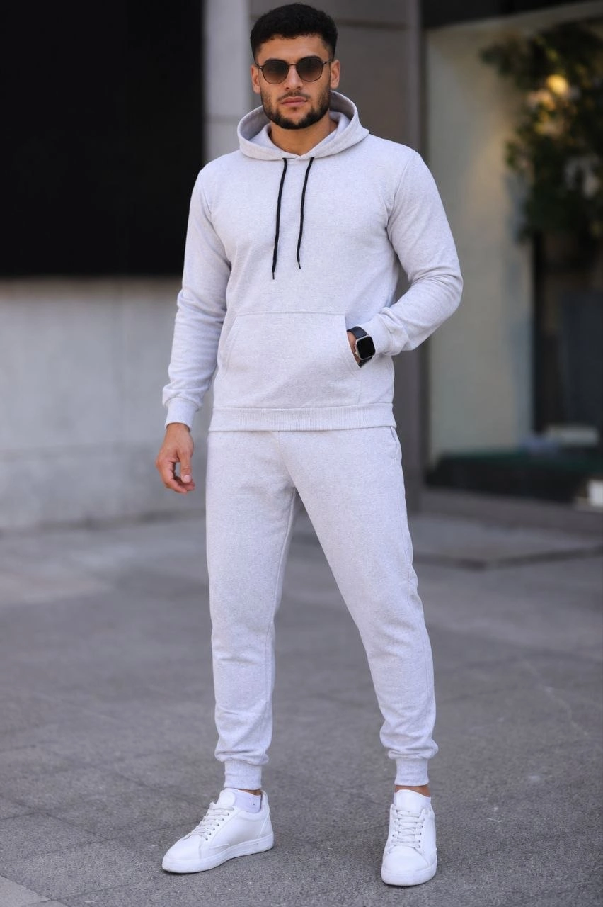 Erkek İki İplik Kapüşonlu Kanguru Cepli Sweatshirt Jogger Pantolon Alt Üst Eşofman Takımı -Beyaz