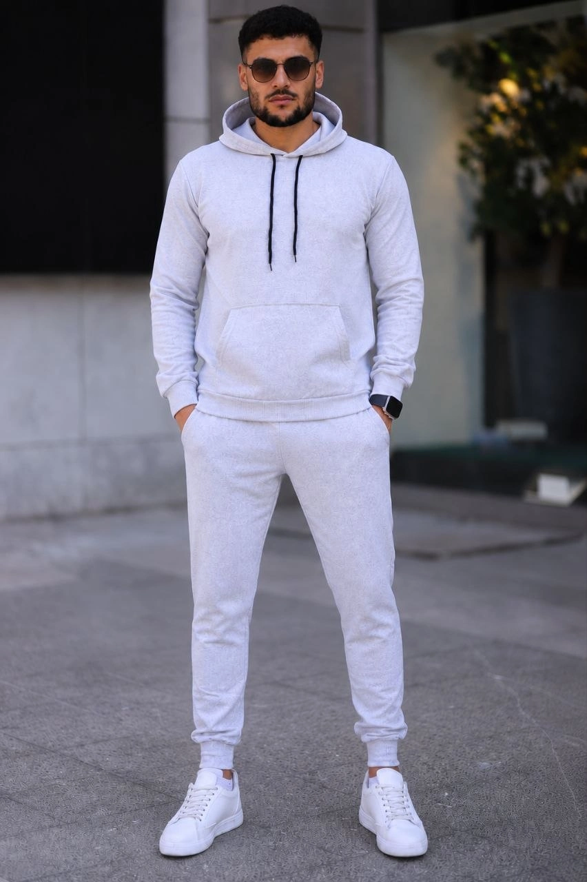 Erkek İki İplik Kapüşonlu Kanguru Cepli Sweatshirt Jogger Pantolon Alt Üst Eşofman Takımı -Beyaz