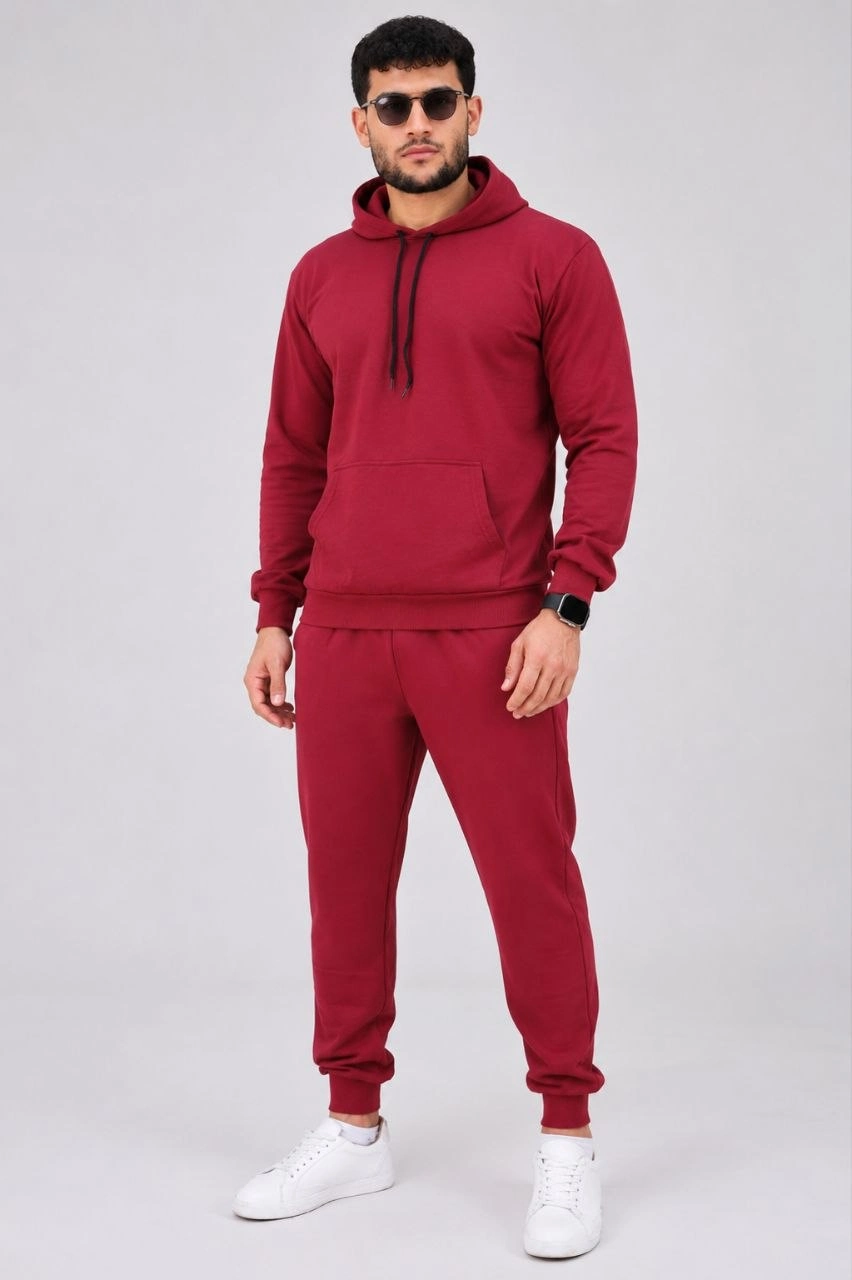 Erkek İki İplik Kapüşonlu Kanguru Cepli Sweatshirt Jogger Pantolon Alt Üst Eşofman Takımı -Bordo