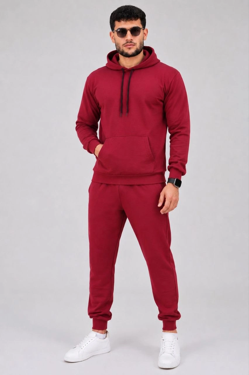 Erkek İki İplik Kapüşonlu Kanguru Cepli Sweatshirt Jogger Pantolon Alt Üst Eşofman Takımı -Bordo