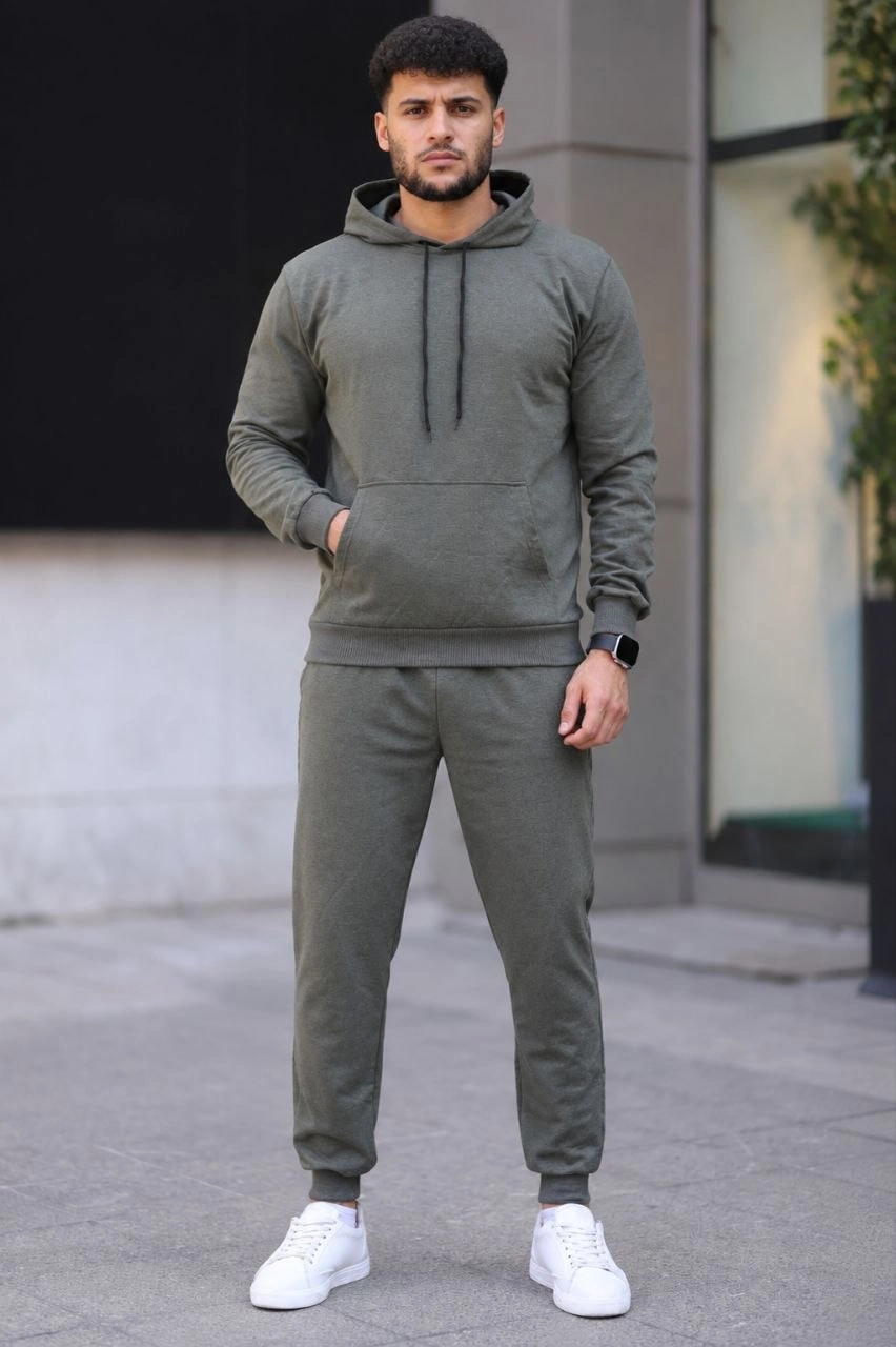 Erkek İki İplik Kapüşonlu Kanguru Cepli Sweatshirt Jogger Pantolon Alt Üst Eşofman Takımı - Haki