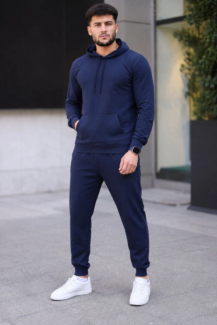 Erkek İki İplik Kapüşonlu Kanguru Cepli Sweatshirt Jogger Pantolon Alt Üst Eşofman Takımı - Lacivert