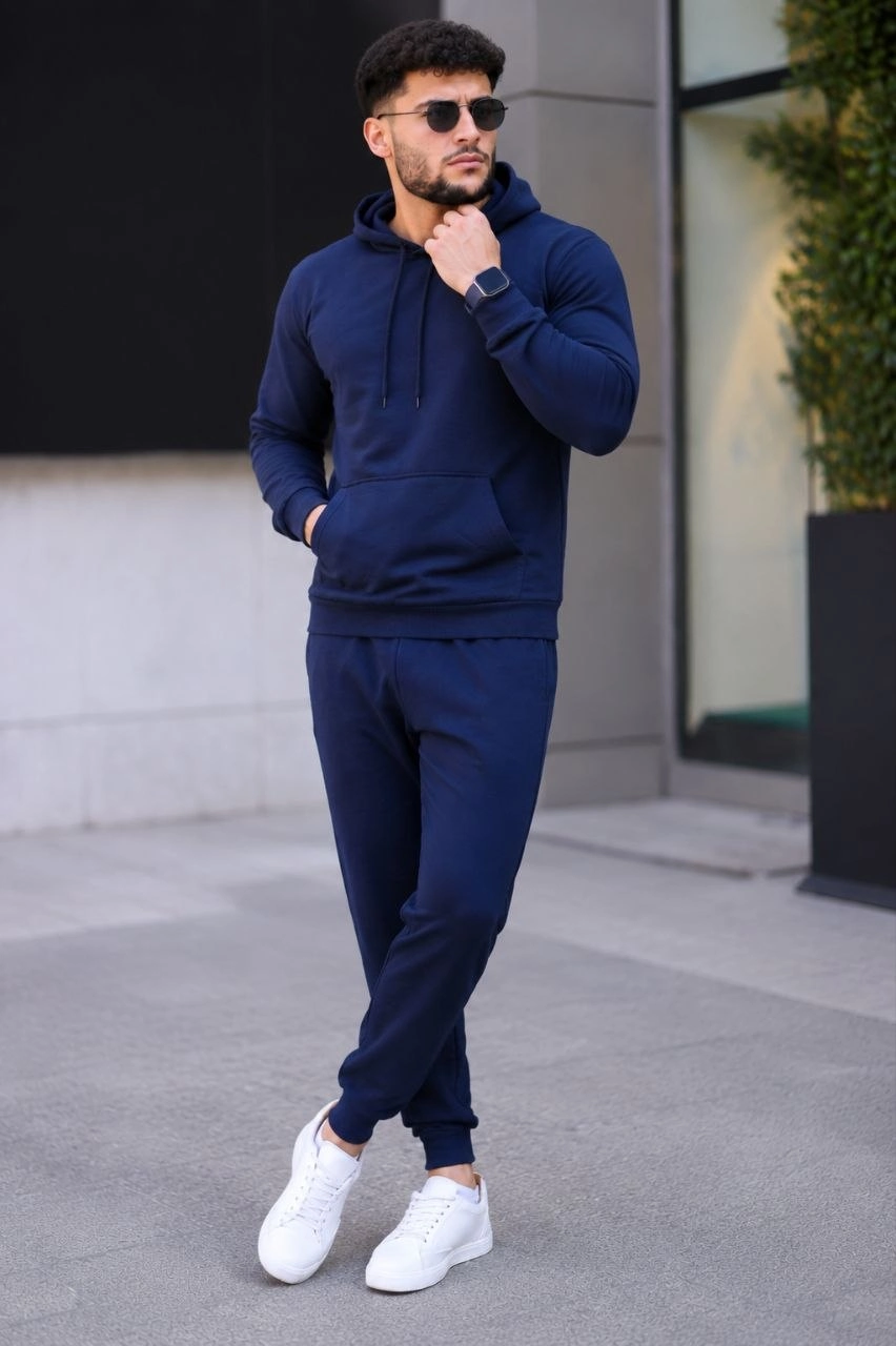 Erkek İki İplik Kapüşonlu Kanguru Cepli Sweatshirt Jogger Pantolon Alt Üst Eşofman Takımı - Lacivert