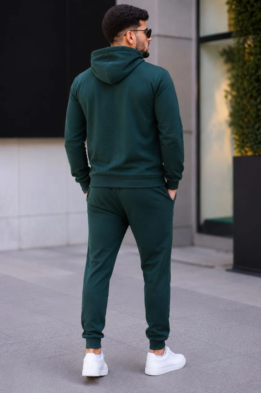 Erkek İki İplik Kapüşonlu Kanguru Cepli Sweatshirt Jogger Pantolon Alt Üst Eşofman Takımı -Nefti Yeşili