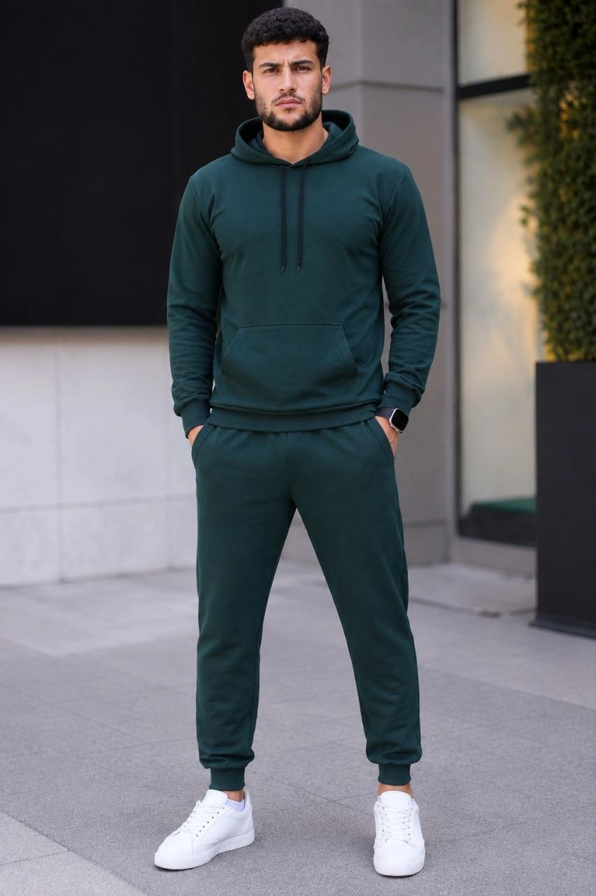 Erkek İki İplik Kapüşonlu Kanguru Cepli Sweatshirt Jogger Pantolon Alt Üst Eşofman Takımı -Nefti Yeşili